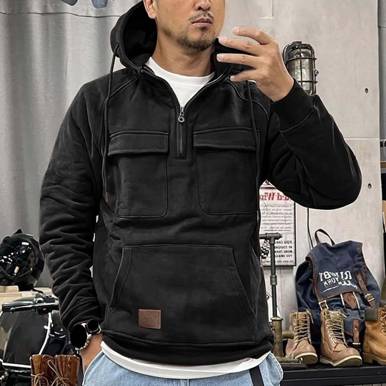 Mens Tactical Sweatshirts Quarter Zip Up Hoodies Long Sleeve Hooded Workout Cargo Jackets Lightweight Pullover