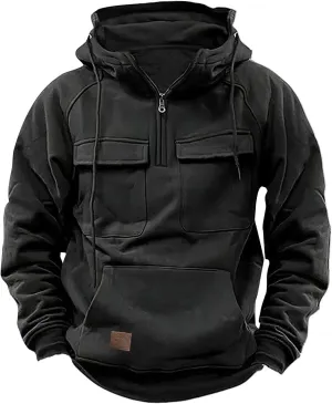 Mens Tactical Sweatshirts Quarter Zip Up Hoodies Long Sleeve Hooded Workout Cargo Jackets Lightweight Pullover