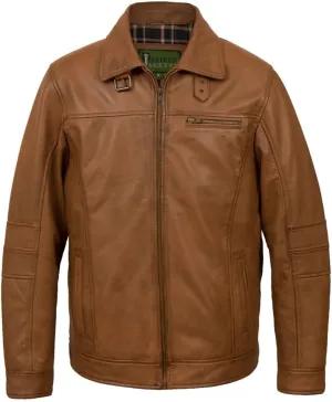 Men's Tan Motorcycle Leather Jacket - Shirt Collar Vintage Stylish Soft Lambskin Real Leather Biker Jacket Men