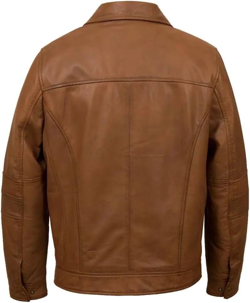 Men's Tan Motorcycle Leather Jacket - Shirt Collar Vintage Stylish Soft Lambskin Real Leather Biker Jacket Men
