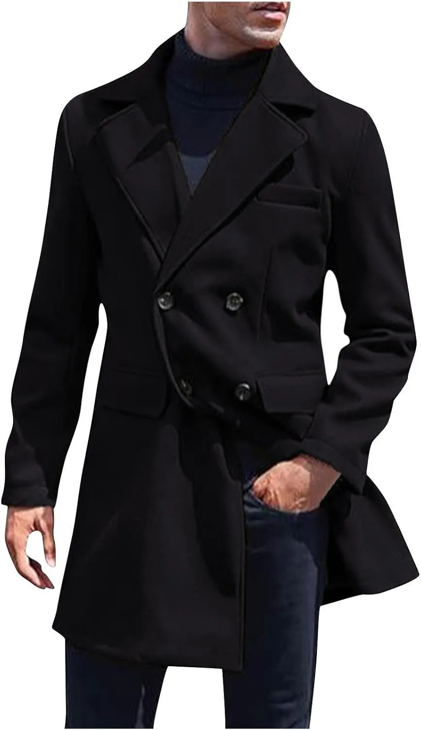 Mens Trench Coat Wool Blend Notch Lapel Single Breasted Long Pea Coat Casual Business Overcoat Notched Lapel Jackets