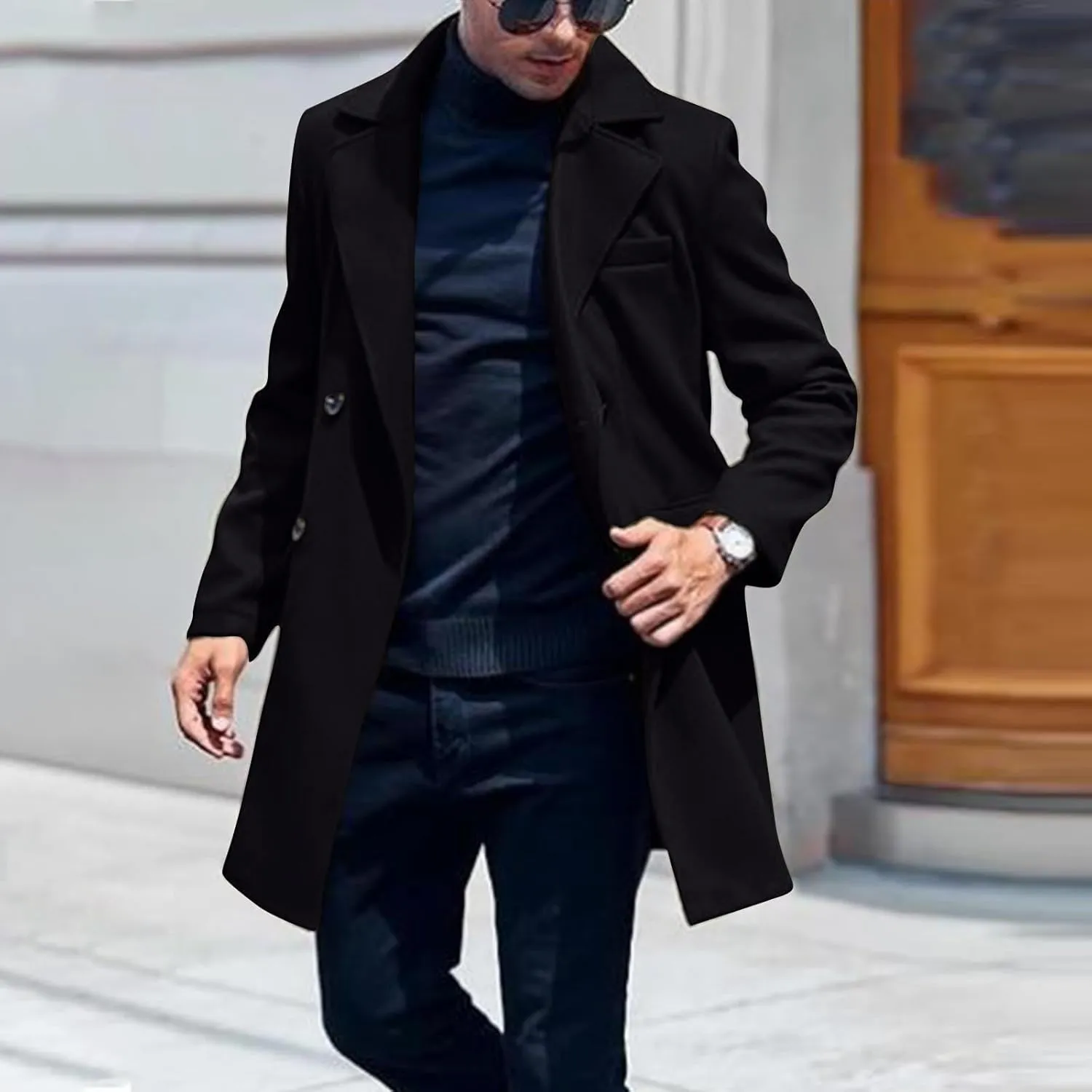 Mens Trench Coat Wool Blend Notch Lapel Single Breasted Long Pea Coat Casual Business Overcoat Notched Lapel Jackets