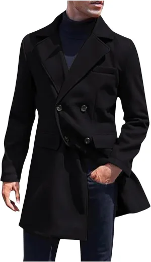 Mens Trench Coat Wool Blend Notch Lapel Single Breasted Long Pea Coat Casual Business Overcoat Notched Lapel Jackets