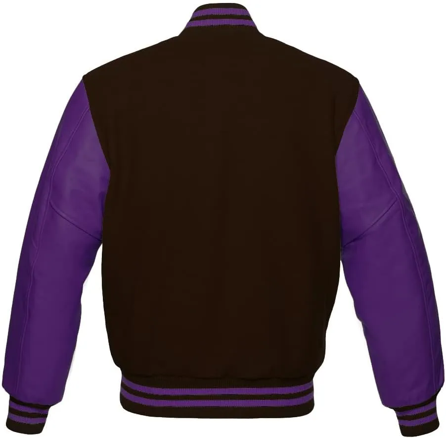 Men's Varsity Baseball Letterman Bomber Jacket Wool & Purple Genuine Leather Sleeves