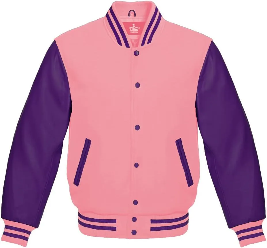 Men's Varsity Baseball Letterman Bomber Jacket Wool & Purple Genuine Leather Sleeves