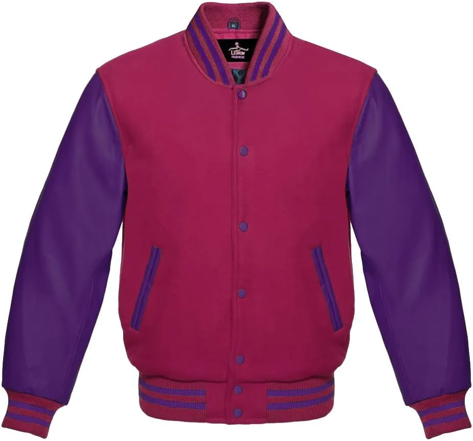 Men's Varsity Baseball Letterman Bomber Jacket Wool & Purple Genuine Leather Sleeves