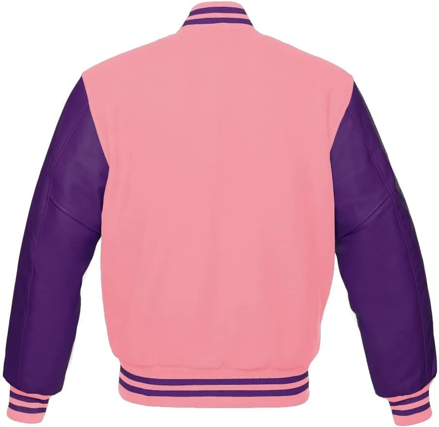 Men's Varsity Baseball Letterman Bomber Jacket Wool & Purple Genuine Leather Sleeves
