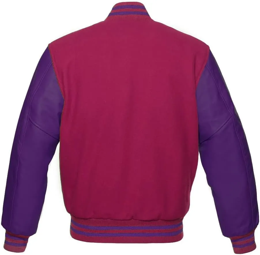 Men's Varsity Baseball Letterman Bomber Jacket Wool & Purple Genuine Leather Sleeves
