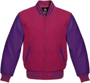 Men's Varsity Baseball Letterman Bomber Jacket Wool & Purple Genuine Leather Sleeves