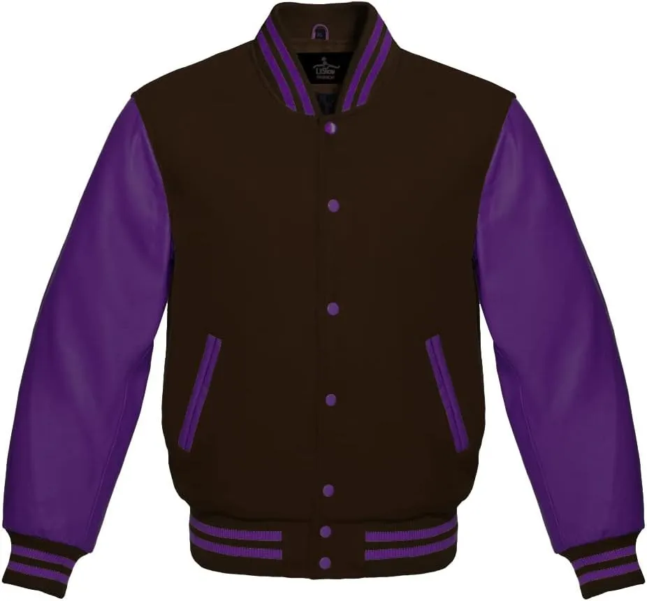 Men's Varsity Baseball Letterman Bomber Jacket Wool & Purple Genuine Leather Sleeves