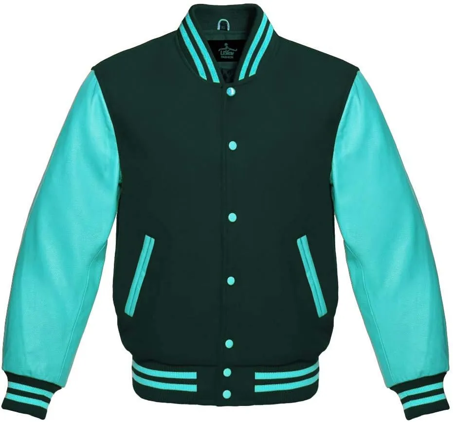 Men's Varsity Baseball Letterman Bomber Jacket Wool & Turquoise Genuine Leather Sleeves