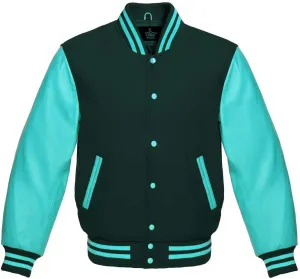 Men's Varsity Baseball Letterman Bomber Jacket Wool & Turquoise Genuine Leather Sleeves
