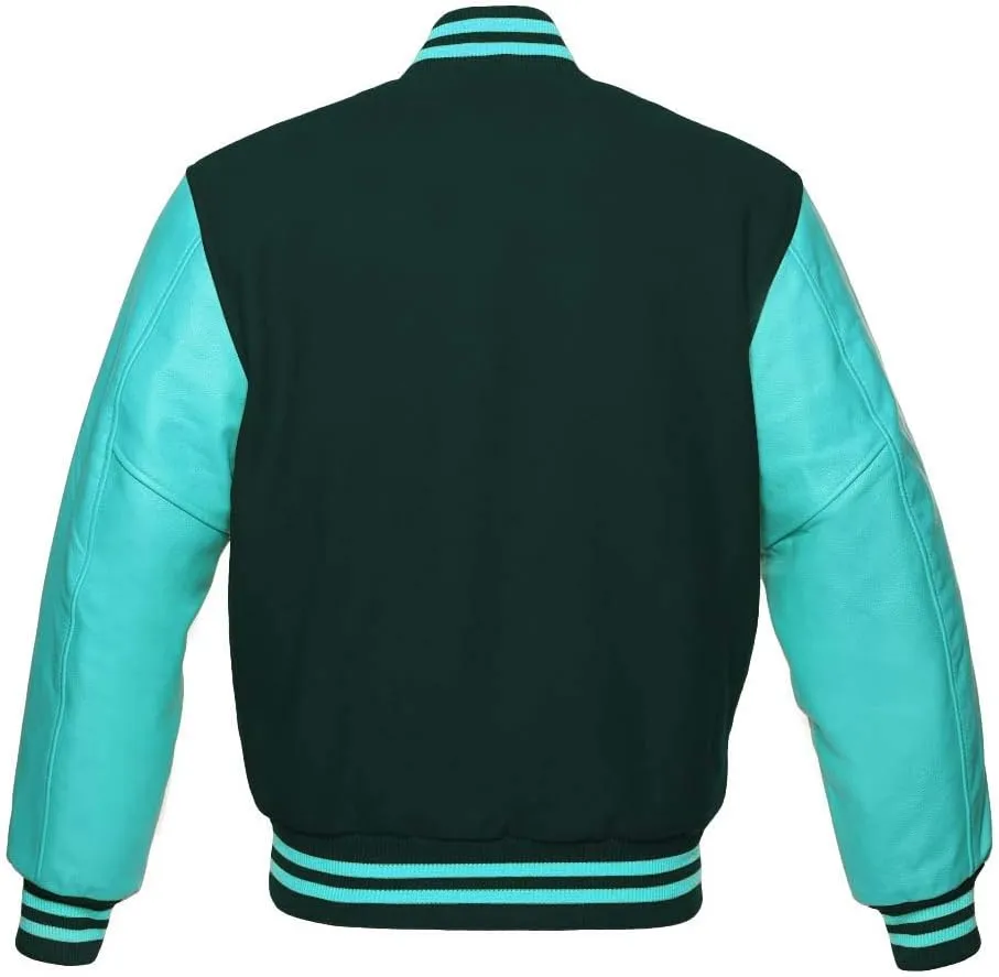 Men's Varsity Baseball Letterman Bomber Jacket Wool & Turquoise Genuine Leather Sleeves