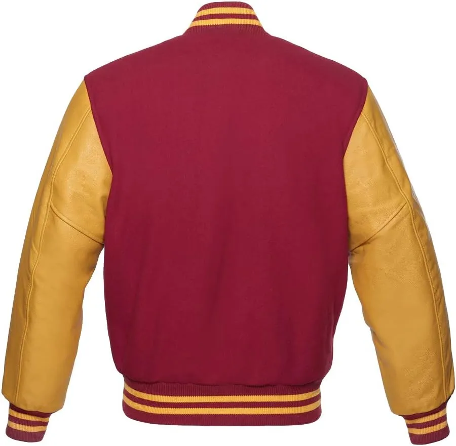 Men's Varsity Baseball Letterman Bomber Premium Wool Maroon & Genuine Yellow Gold Leather Sleeves jackets