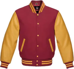Men's Varsity Baseball Letterman Bomber Premium Wool Maroon & Genuine Yellow Gold Leather Sleeves jackets