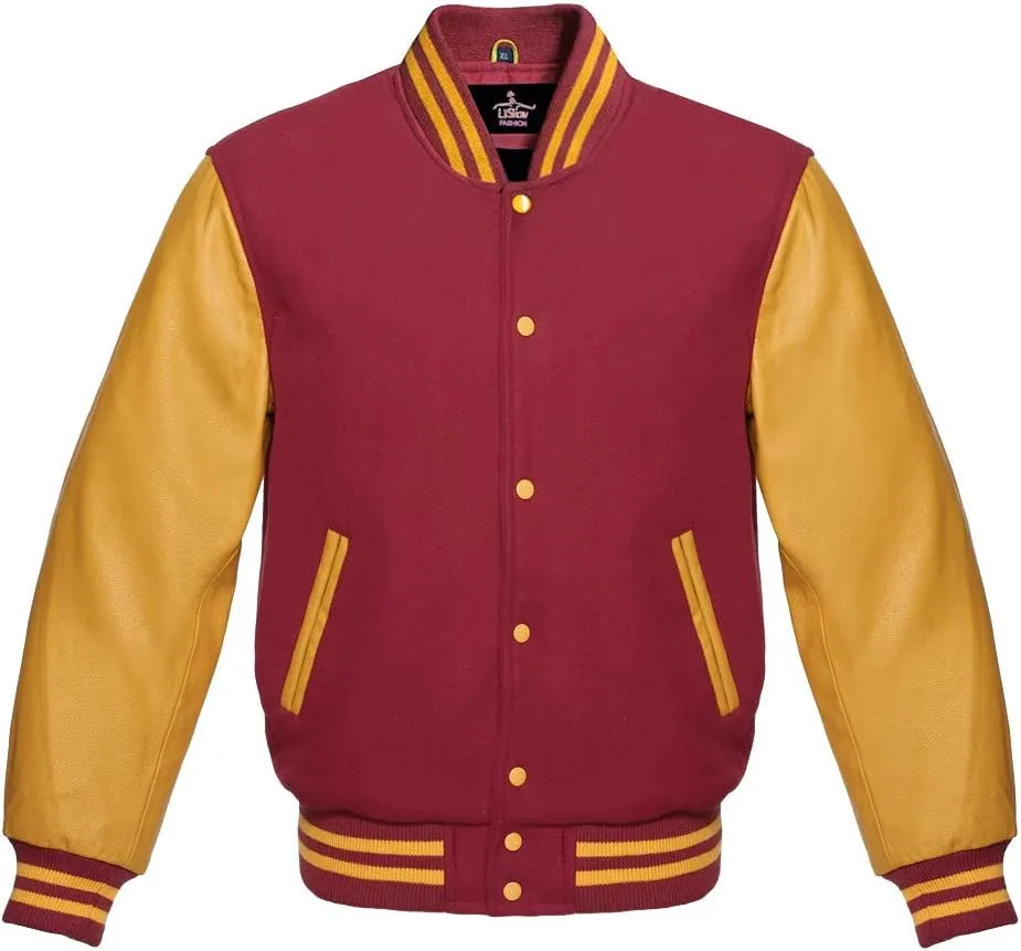 Men's Varsity Baseball Letterman Bomber Premium Wool Maroon & Genuine Yellow Gold Leather Sleeves jackets