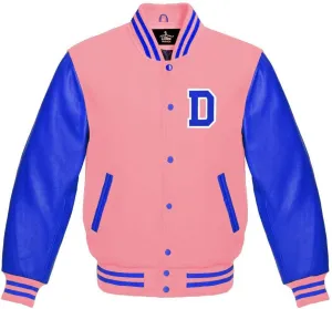 Men's Varsity Baseball Letterman Bomber Wool & Royal Blue Genuine Leather Sleeves D Logo Jacket