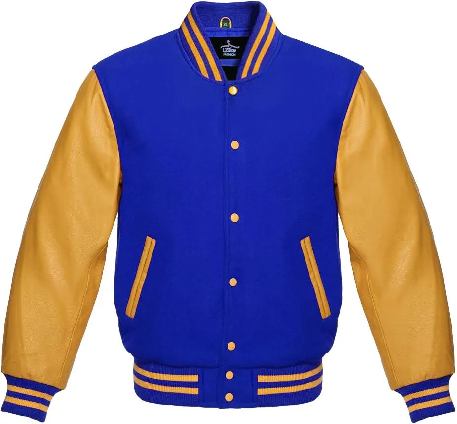 Men's Varsity Baseball Letterman Premium Wool Royal Blue & Genuine Yellow Gold Leather Sleeves jackets