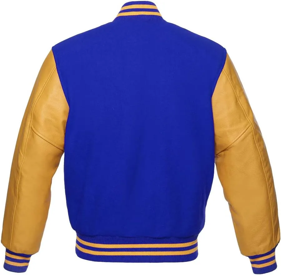 Men's Varsity Baseball Letterman Premium Wool Royal Blue & Genuine Yellow Gold Leather Sleeves jackets