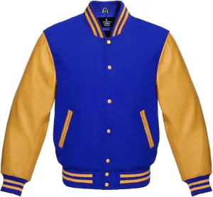 Men's Varsity Baseball Letterman Premium Wool Royal Blue & Genuine Yellow Gold Leather Sleeves jackets