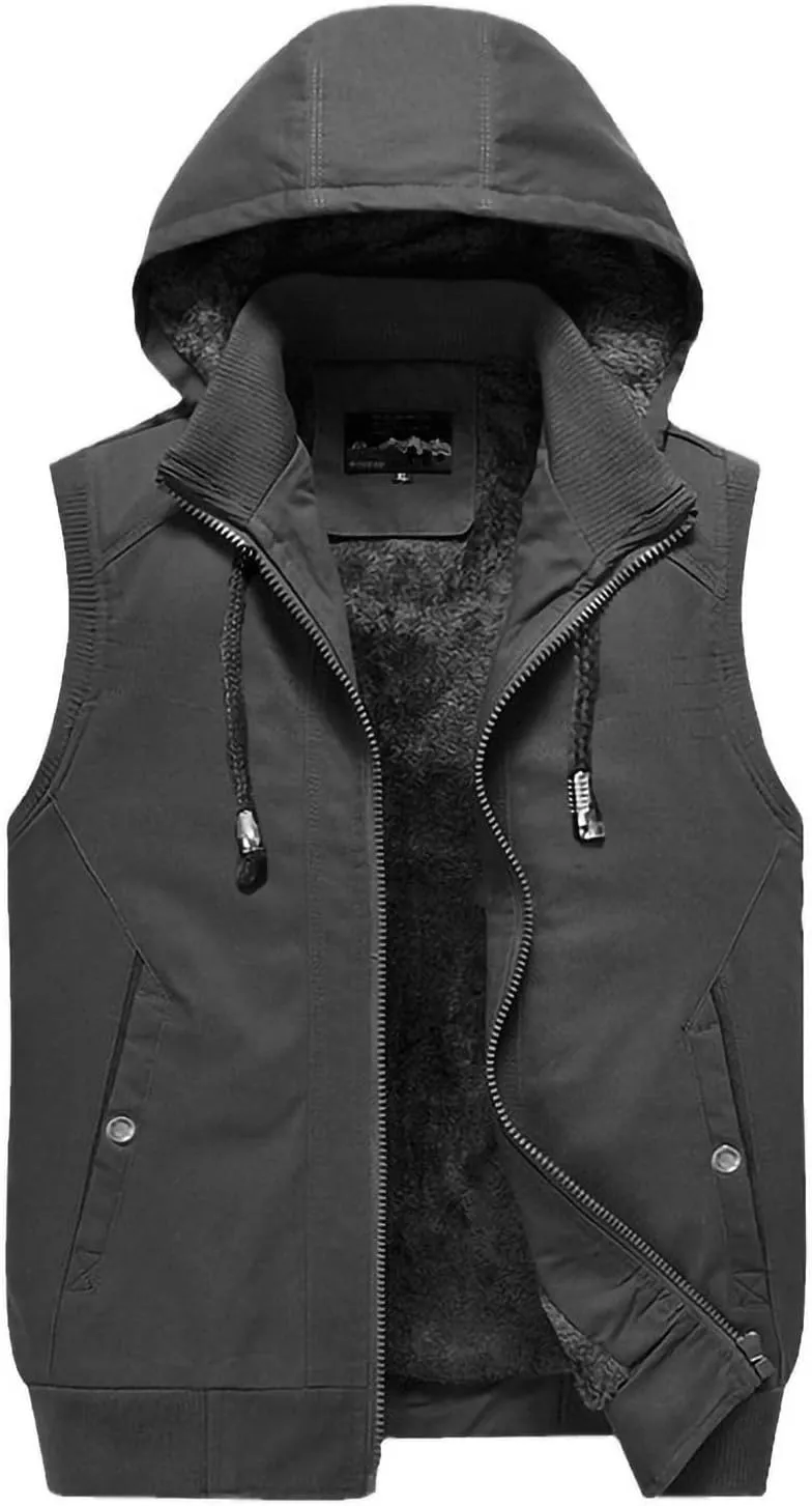 Mens Vests Outerwear Fashion Sleeveless Hooded Fleece Jackets Winter Sherpa Lined Thermal utility Vest with Pockets