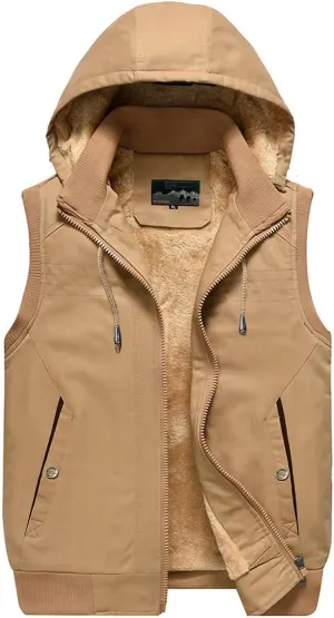 Mens Vests Outerwear Fashion Sleeveless Hooded Fleece Jackets Winter Sherpa Lined Thermal utility Vest with Pockets