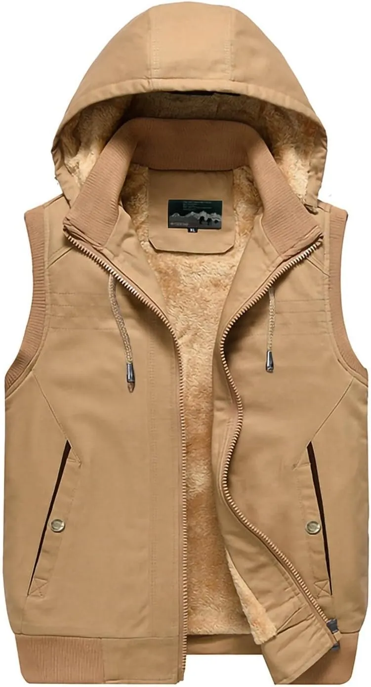 Mens Vests Outerwear Fashion Sleeveless Hooded Fleece Jackets Winter Sherpa Lined Thermal utility Vest with Pockets