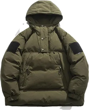 Mens Vintage Cotton Padded Jacket Multiple Pockets Cargo Hooded Coat Warm Down Jackets
