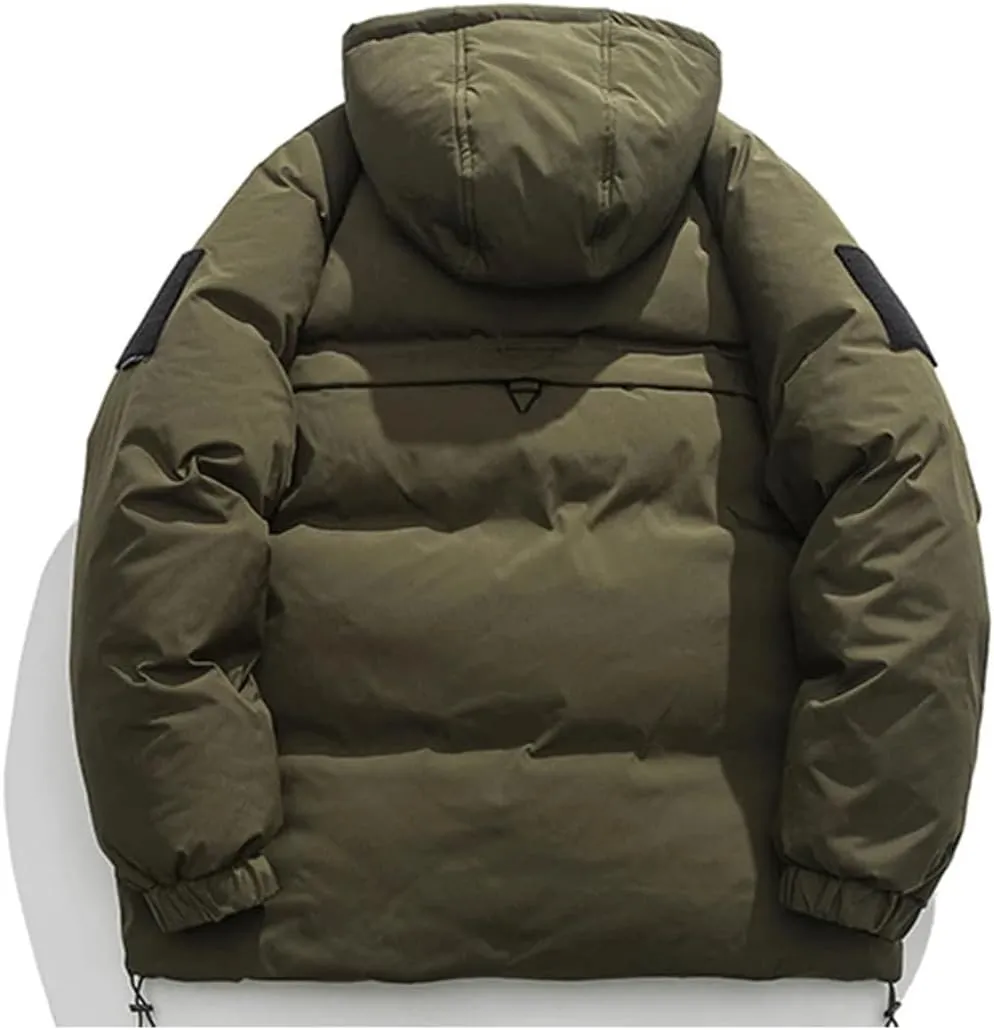 Mens Vintage Cotton Padded Jacket Multiple Pockets Cargo Hooded Coat Warm Down Jackets