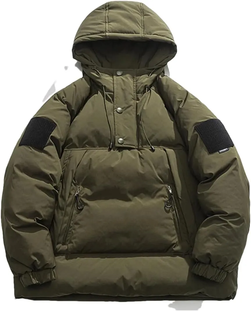 Mens Vintage Cotton Padded Jacket Multiple Pockets Cargo Hooded Coat Warm Down Jackets