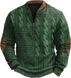 Mens Vintage Knit Print Zip-Up Sweatshirt Plus Size Long Sleeve Sweater with Elbow Patches Pullover Clothes