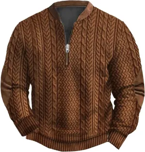 Mens Vintage Knit Print Zip-Up Sweatshirt Plus Size Long Sleeve Sweater with Elbow Patches Pullover Clothes