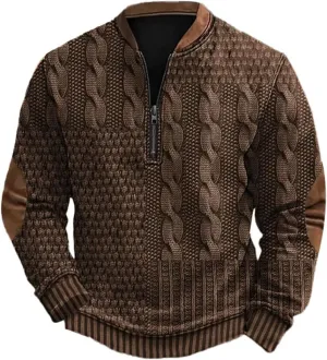 Mens Vintage Knit Print Zip-Up Sweatshirt Plus Size Long Sleeve Sweater with Elbow Patches Pullover Clothes