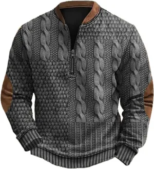 Mens Vintage Knit Print Zip-Up Sweatshirt Plus Size Long Sleeve Sweater with Elbow Patches Pullover Clothes
