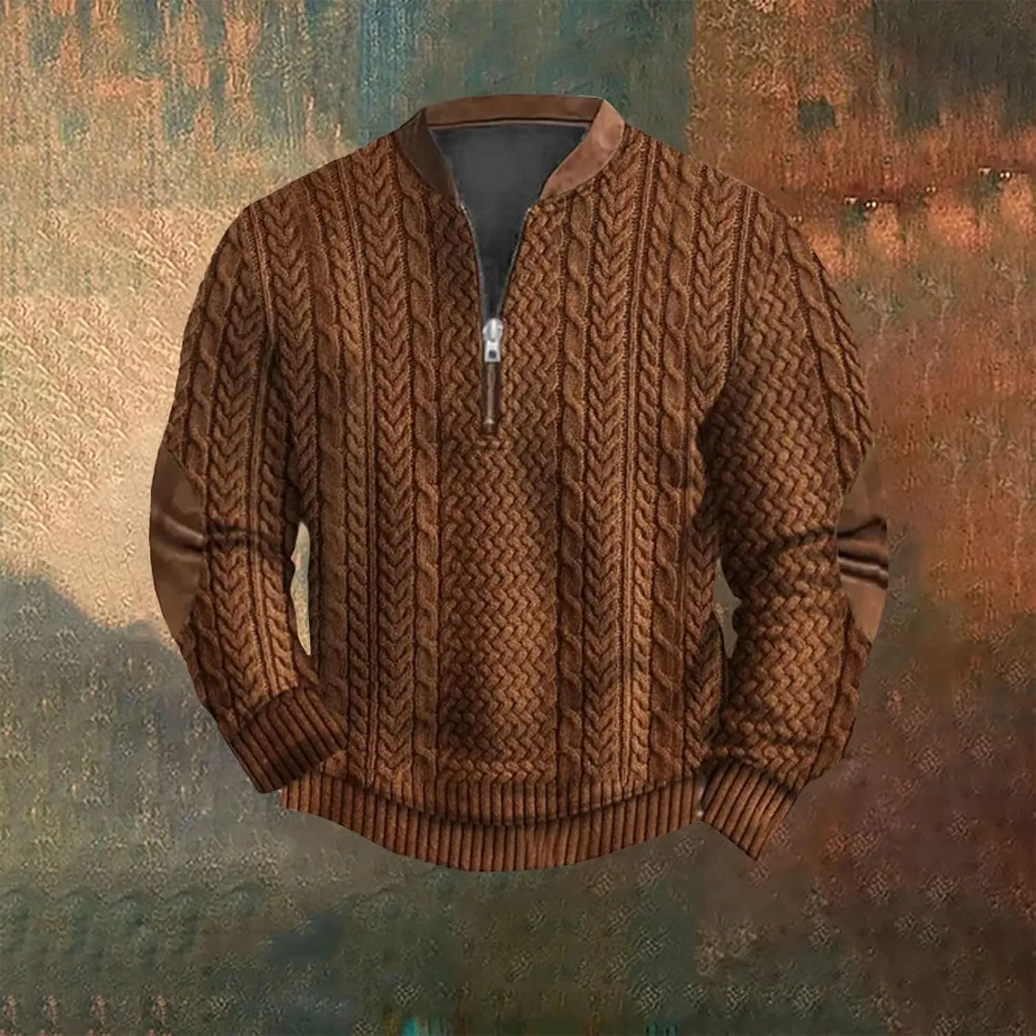 Mens Vintage Knit Print Zip-Up Sweatshirt Plus Size Long Sleeve Sweater with Elbow Patches Pullover Clothes