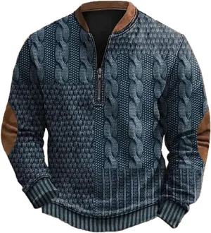 Mens Vintage Knit Print Zip-Up Sweatshirt Plus Size Long Sleeve Sweater with Elbow Patches Pullover Clothes