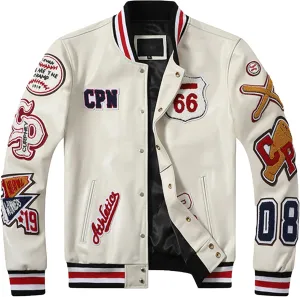 Mens White And Black Baseball Uniform Casual Short Motorcycle Cool Embroidered Leather Jacket