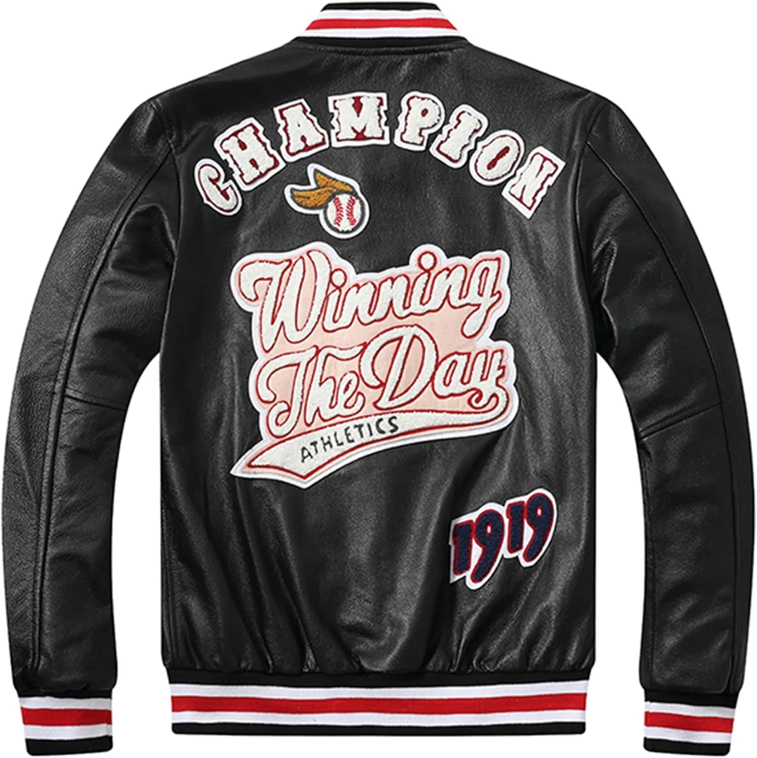 Mens White And Black Baseball Uniform Casual Short Motorcycle Cool Embroidered Leather Jacket
