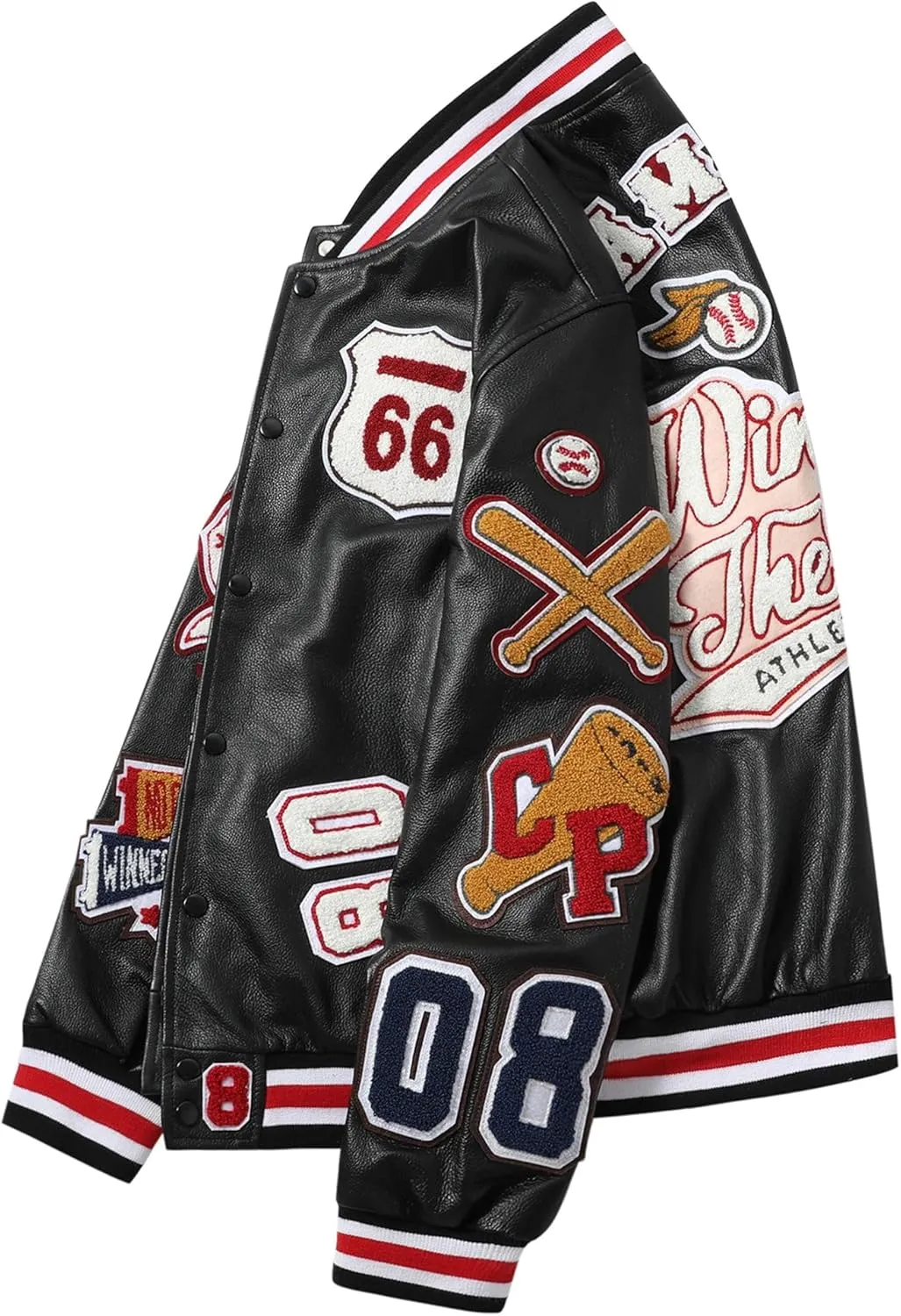 Mens White And Black Baseball Uniform Casual Short Motorcycle Cool Embroidered Leather Jacket