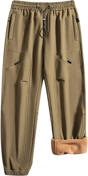 Men's Winter Fleece Lined Pants Elastic Waist Drawstring Relaxed Fit Cargo Pants Casual Classic Tapered Pants