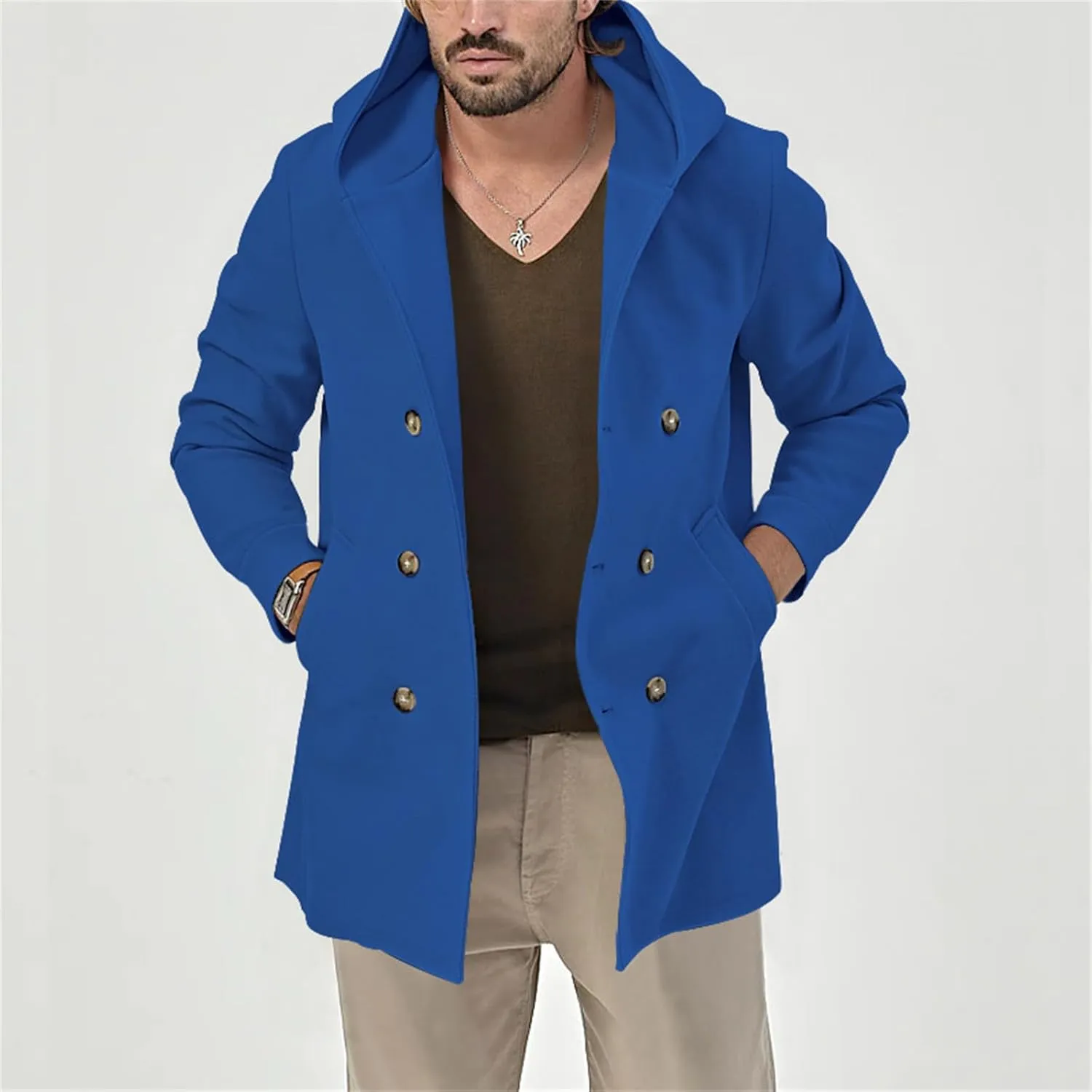 Mens Wool Pea Coat & Space Cotton Trench Coat Solid Color, Double Breasted Warm Hooded Jackets Button Down Coat