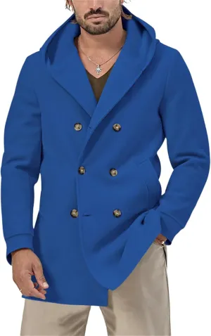 Mens Wool Pea Coat & Space Cotton Trench Coat Solid Color, Double Breasted Warm Hooded Jackets Button Down Coat