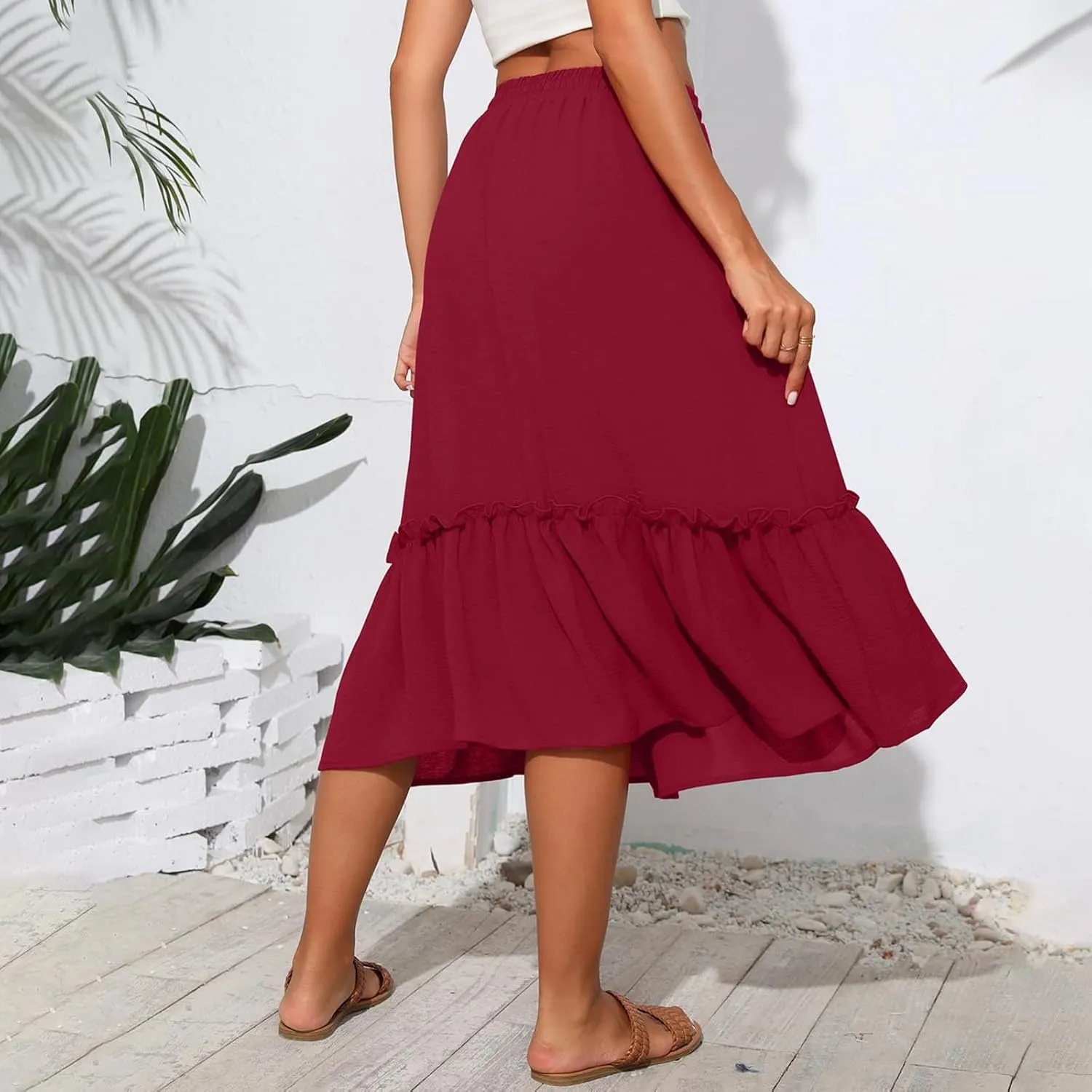 Midi Skirts for Women,2025 Summer Trendy Floral Print High Elastic Boho Skirts,Flowy Ruched Tiered Swing Beach Dress