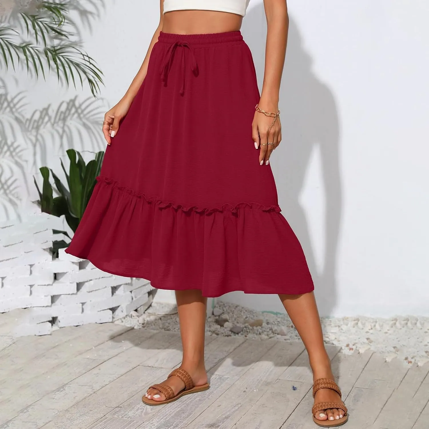 Midi Skirts for Women,2025 Summer Trendy Floral Print High Elastic Boho Skirts,Flowy Ruched Tiered Swing Beach Dress