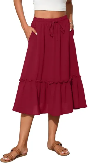 Midi Skirts for Women,2025 Summer Trendy Floral Print High Elastic Boho Skirts,Flowy Ruched Tiered Swing Beach Dress
