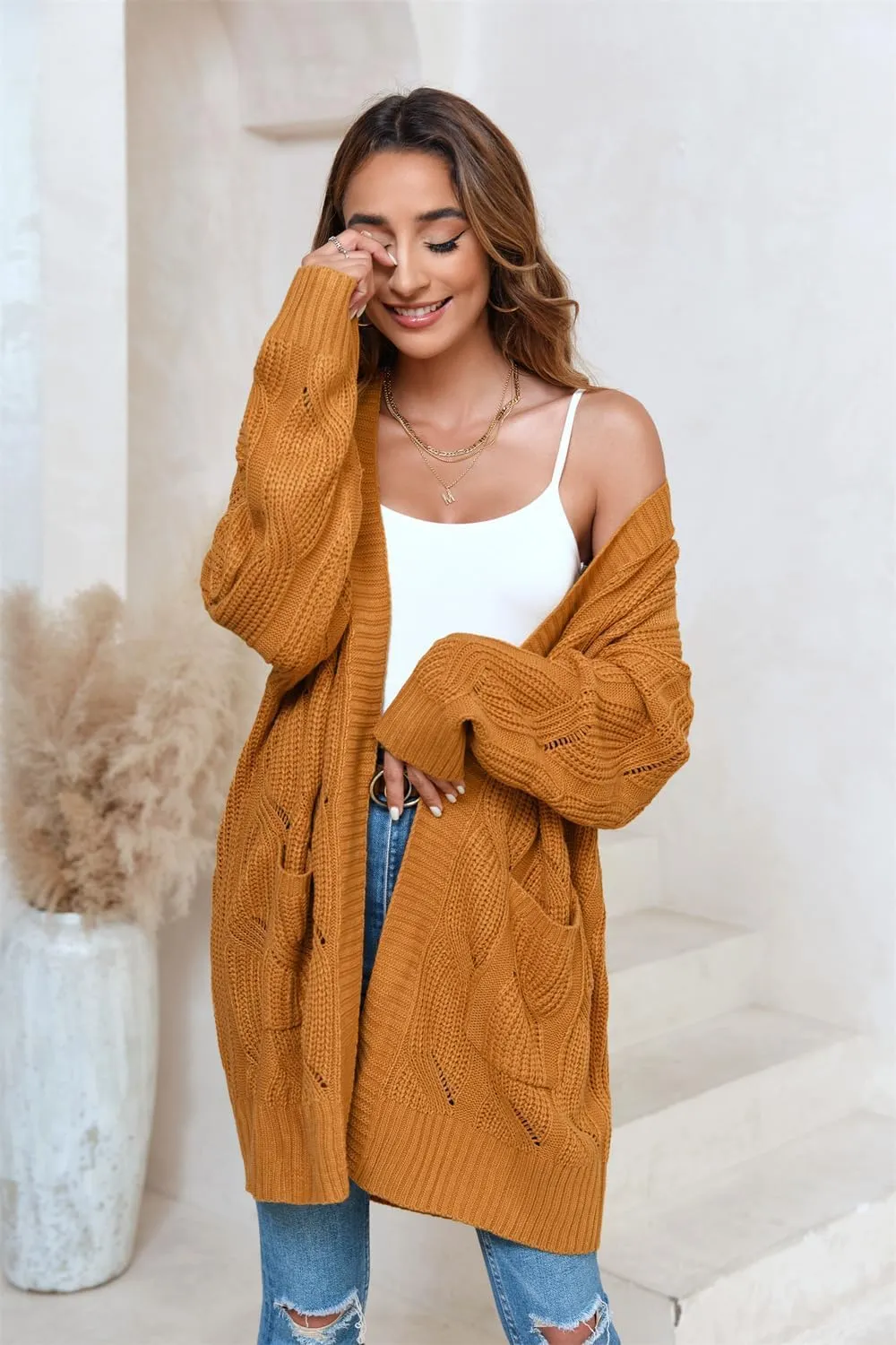 Miladusa Women's Cardigan Sweaters Long Sleeve Plus Size Solid Cable Knit Open Front Outerwear with Pockets