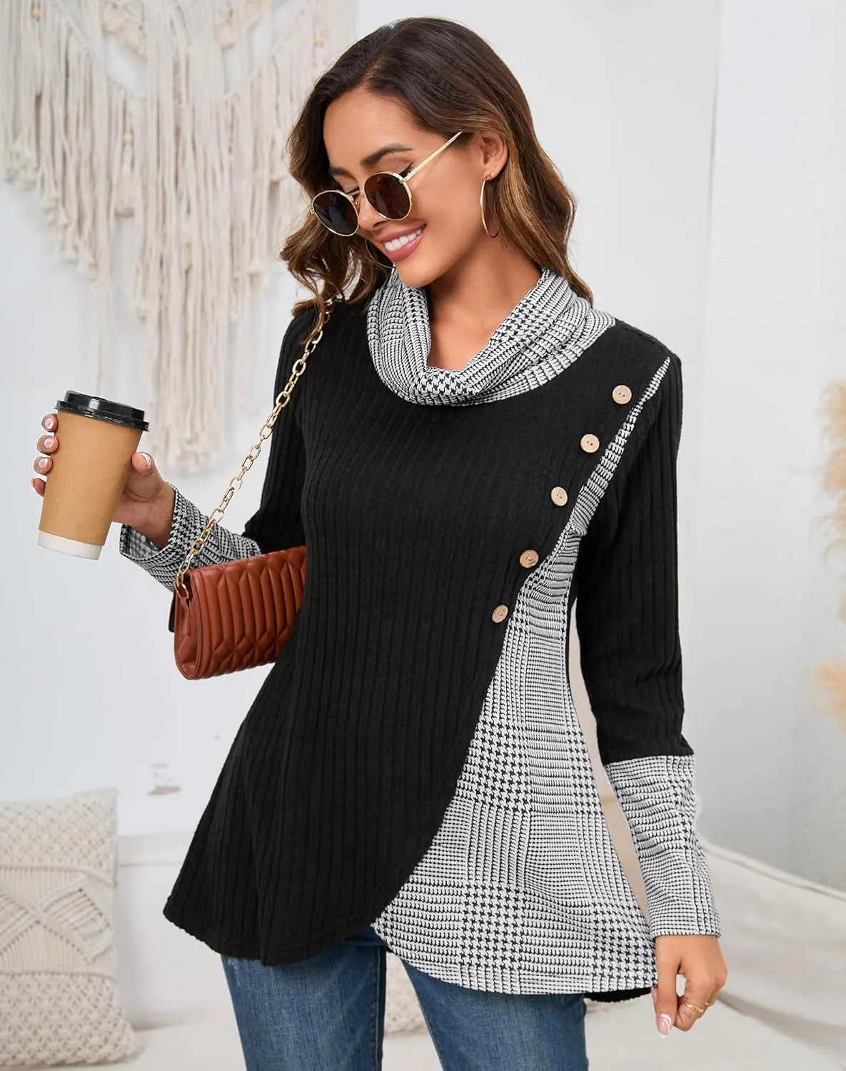 Miusey Women's Cowl Neck Pullover Sweaters Lightweight Long Sleeve Tunic Sweatshirts Asymmetric Hem Knit Sweater