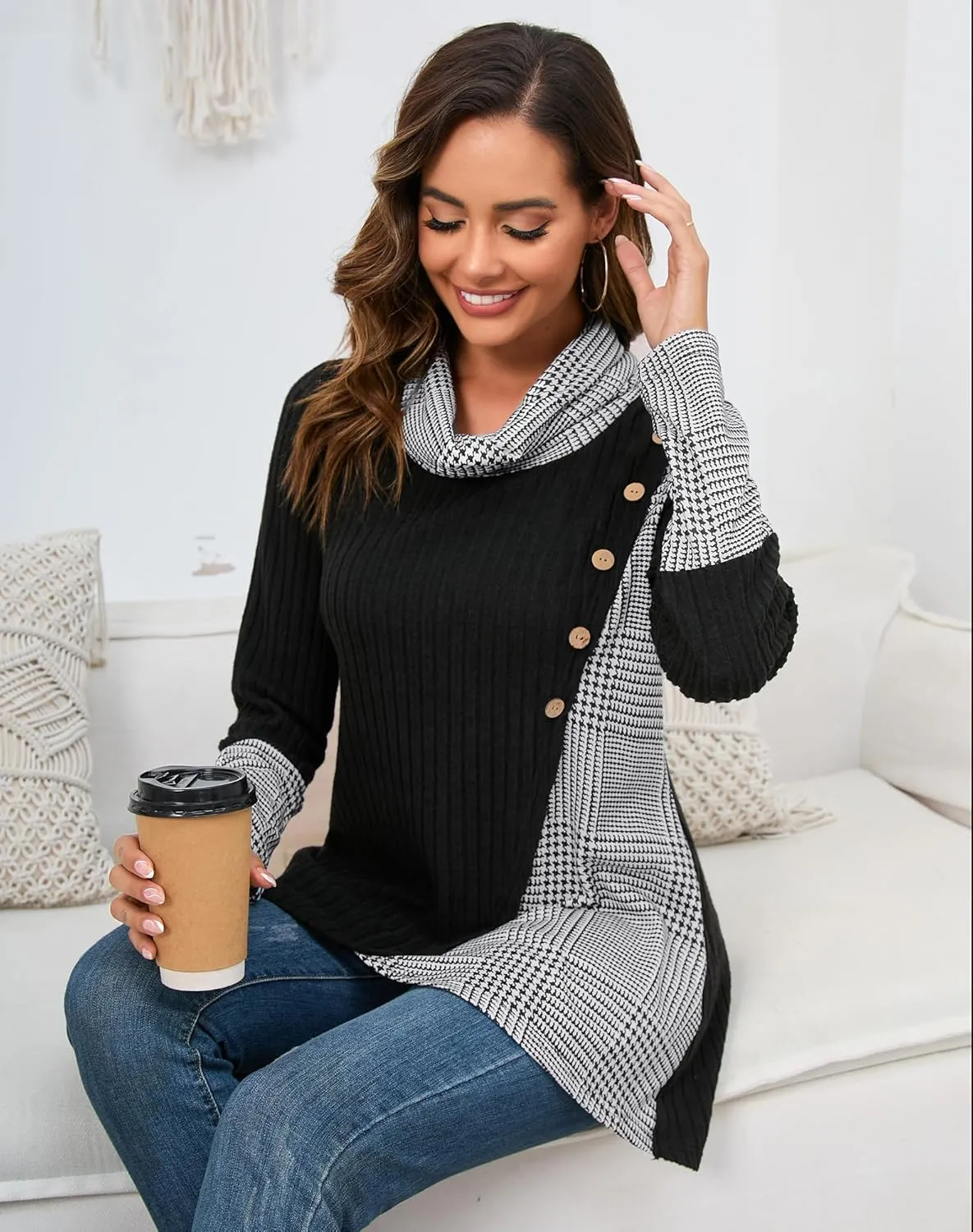 Miusey Women's Cowl Neck Pullover Sweaters Lightweight Long Sleeve Tunic Sweatshirts Asymmetric Hem Knit Sweater