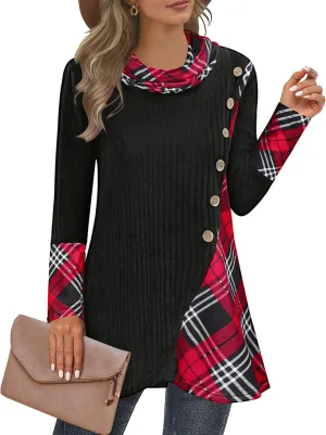 Miusey Women's Cowl Neck Pullover Sweaters Lightweight Long Sleeve Tunic Sweatshirts Asymmetric Hem Knit Sweater