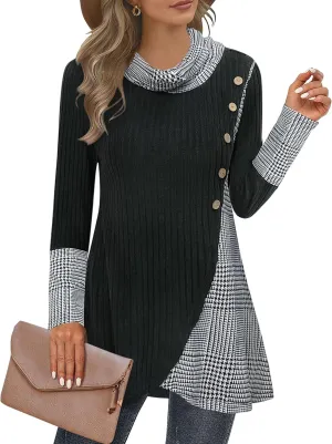 Miusey Women's Cowl Neck Pullover Sweaters Lightweight Long Sleeve Tunic Sweatshirts Asymmetric Hem Knit Sweater